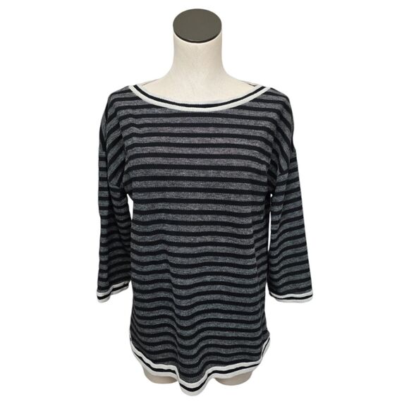 Soft Surroundings Sweater Women’s Medium Knit Striped Top Black Gray 3/4 Sleeve - Picture 1 of 13